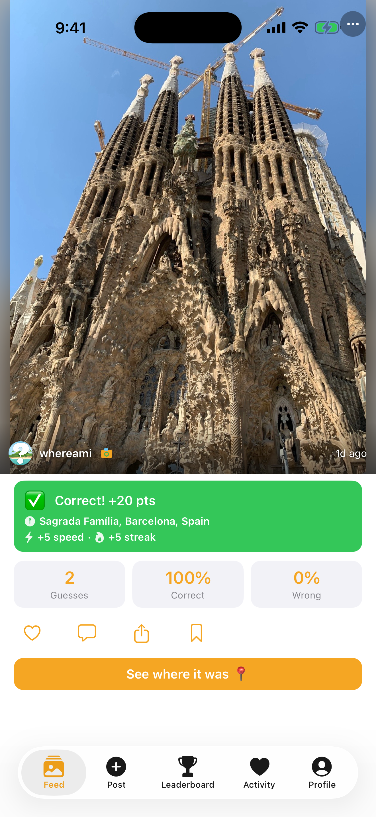 Correct guess reveal on a Sagrada Familia photo with points earned