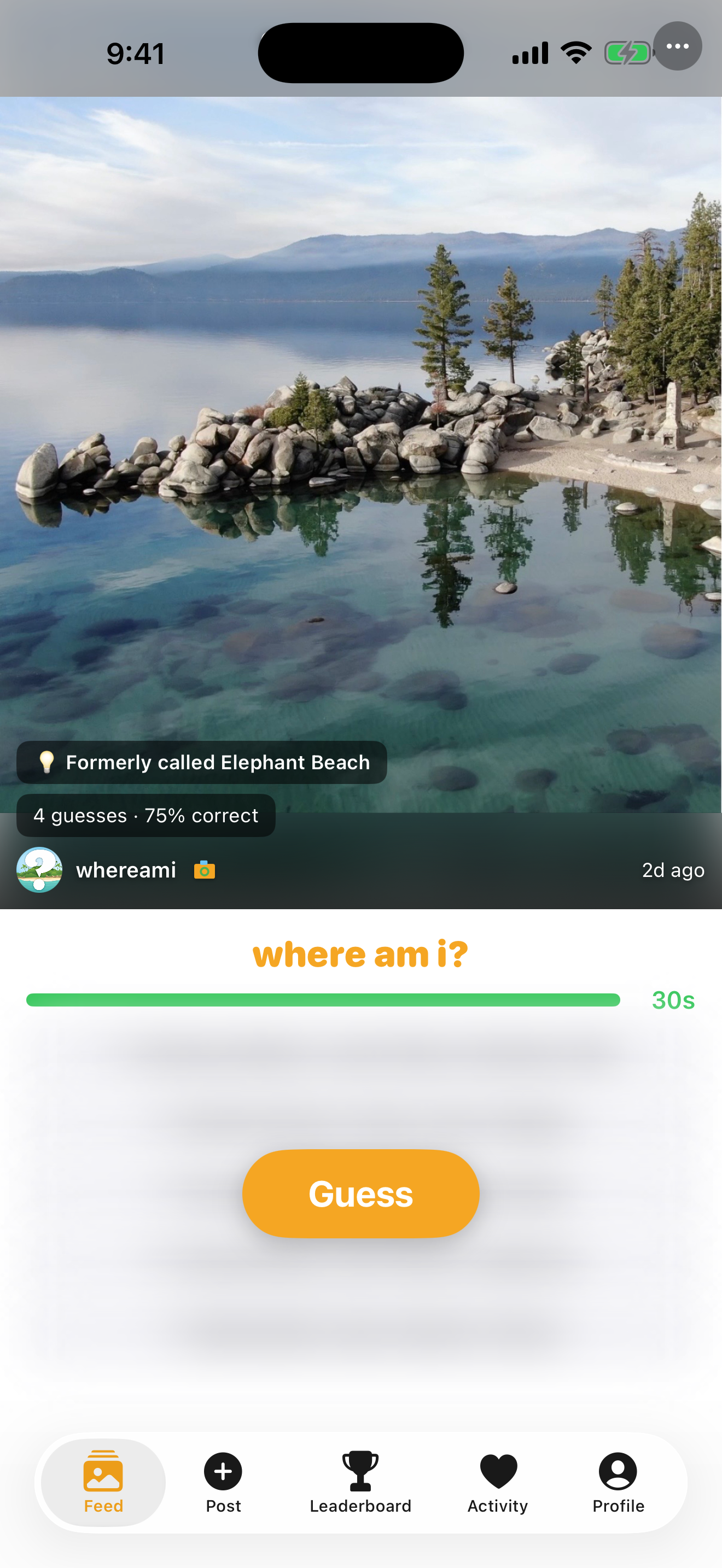 Browsing the feed with a Lake Tahoe post ready to guess