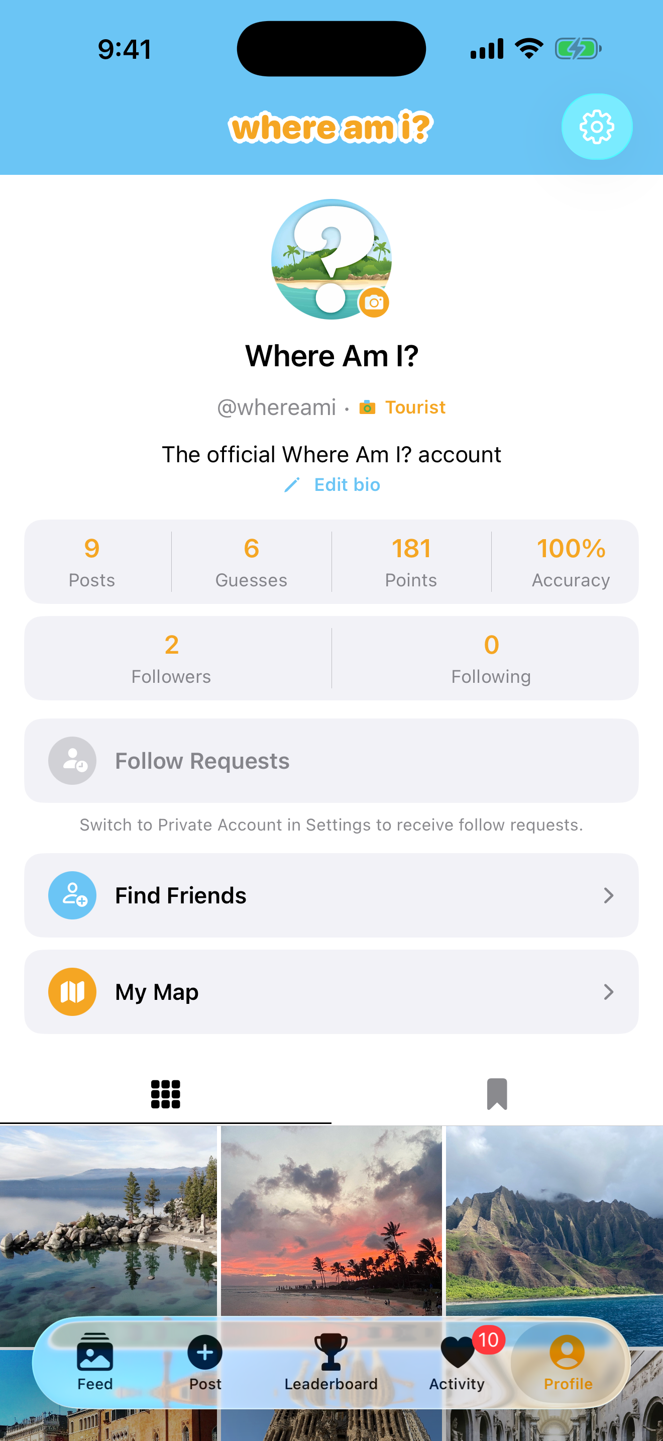 Profile with posts, guesses, points, and accuracy stats